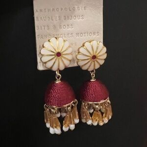 Anthropologie Gold and White Floral Tassel Earrings